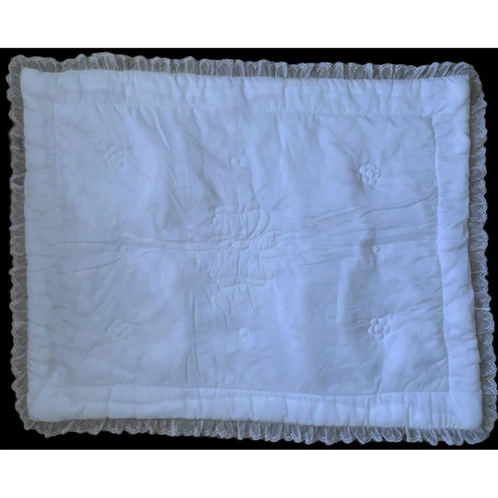 1960's Oyster Nylon Silky Feel Crib Comforter Blankie Quilt Embroidery & Lace